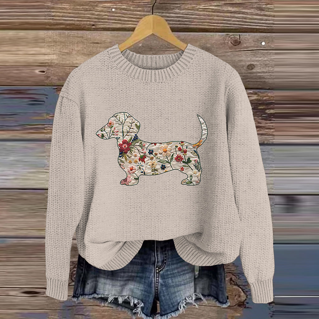 Vintage Classic Dachshund In Floral Art Inspired Embroidered Cozy Knit Sweater elevenforest
