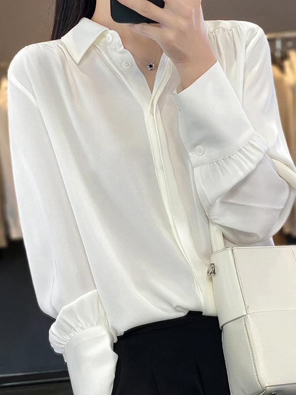 Long Sleeves Loose Buttoned Pleated Color Lapel Blouses&shirts Tops