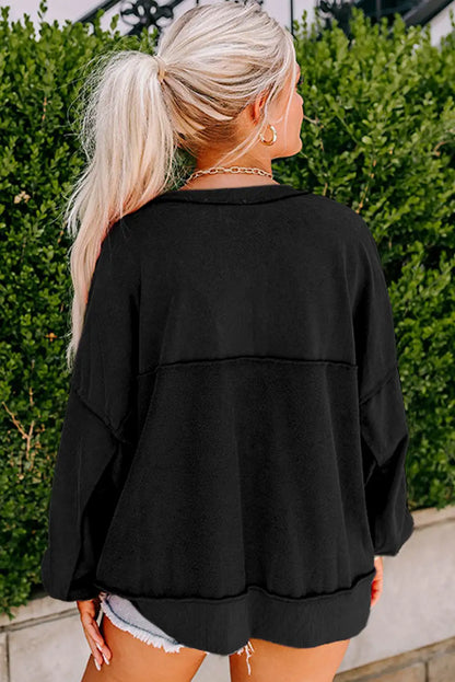 Black Drop Shoulder Henley Sweatshirt