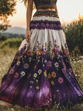 Women's Boho Floral Embroidery Purple Gradient Cotton Flowing Half Elastic Skirt elevenforest