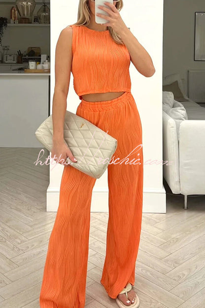 Color Water Wave Crew Neck Tank Top and Elastic Waist Straight Pants Set