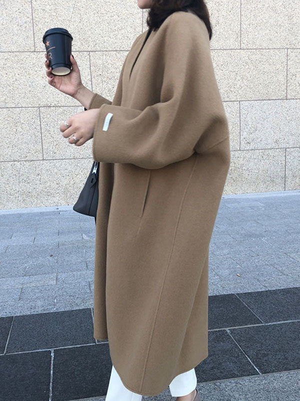 Long Sleeves Loose Color Collarless Woolen Coat