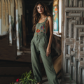 Vintage Floral Embroidered Pattern Linen Blend Loose Casual Jumpsuit elevenforest