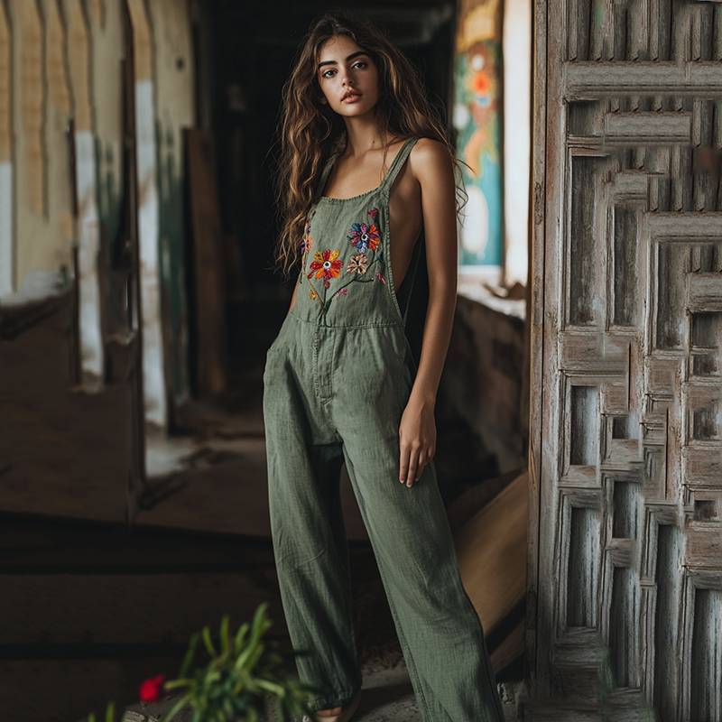 Vintage Floral Embroidered Pattern Linen Blend Loose Casual Jumpsuit elevenforest