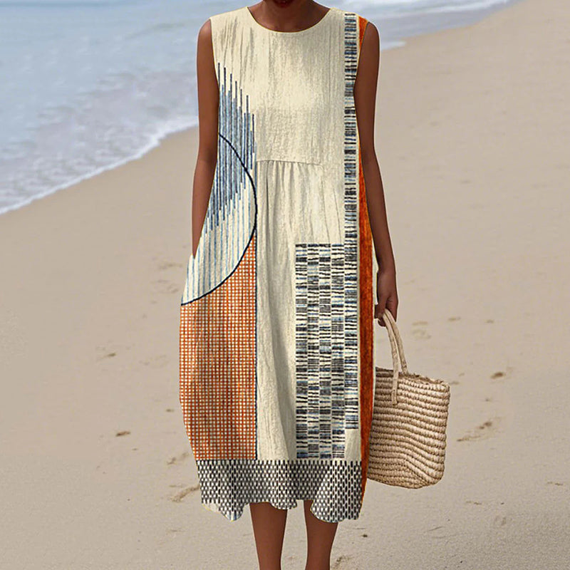 Women's Retro Abstract Geometric Print Cotton Linen Sleeveless Dress elevenforest