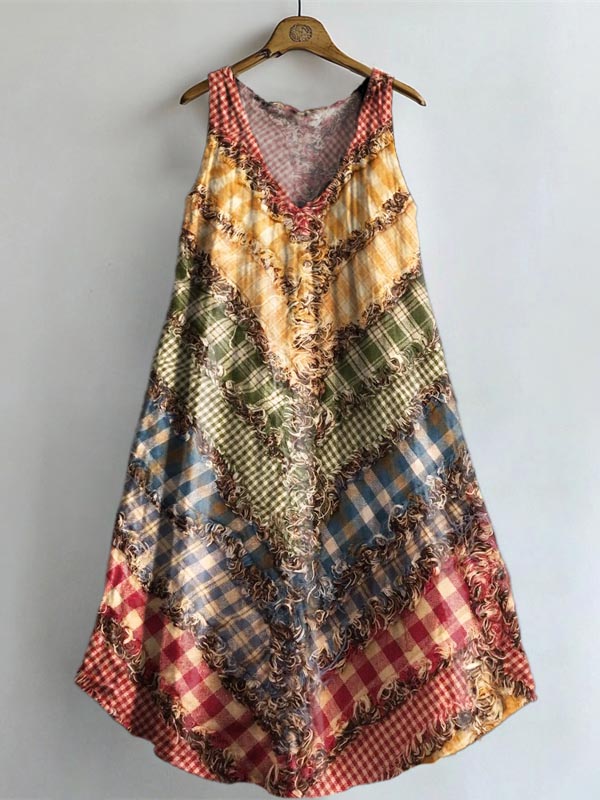 Women's Bohemian Patchwork Print V-neck Pocket Cotton Dress