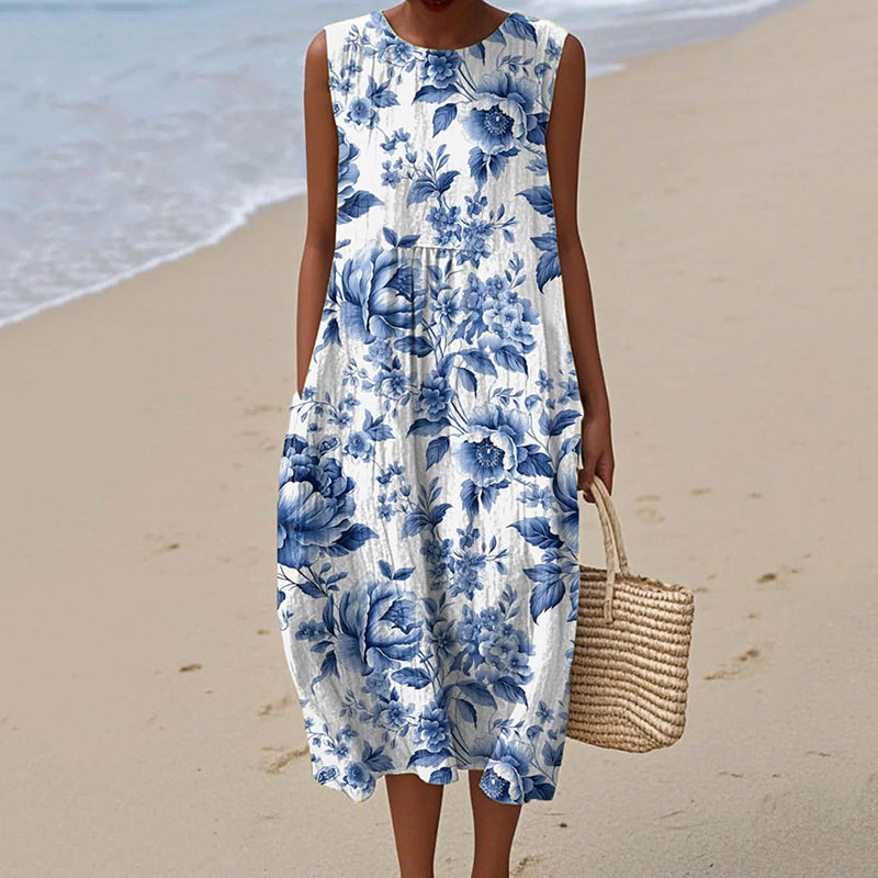 Comstylish Women's Vintage Floral Art Print Midi Dress