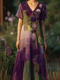 Vintage Purple Flowers Embroidered Linen Maxi Dress elevenforest