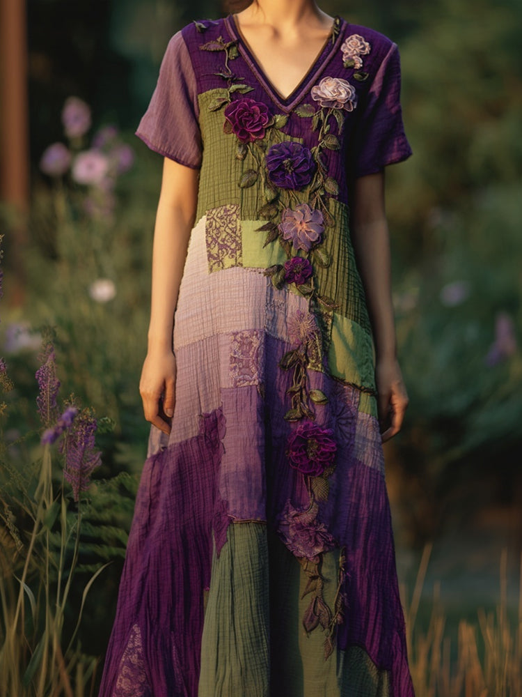 Vintage Purple Flowers Embroidered Linen Maxi Dress elevenforest