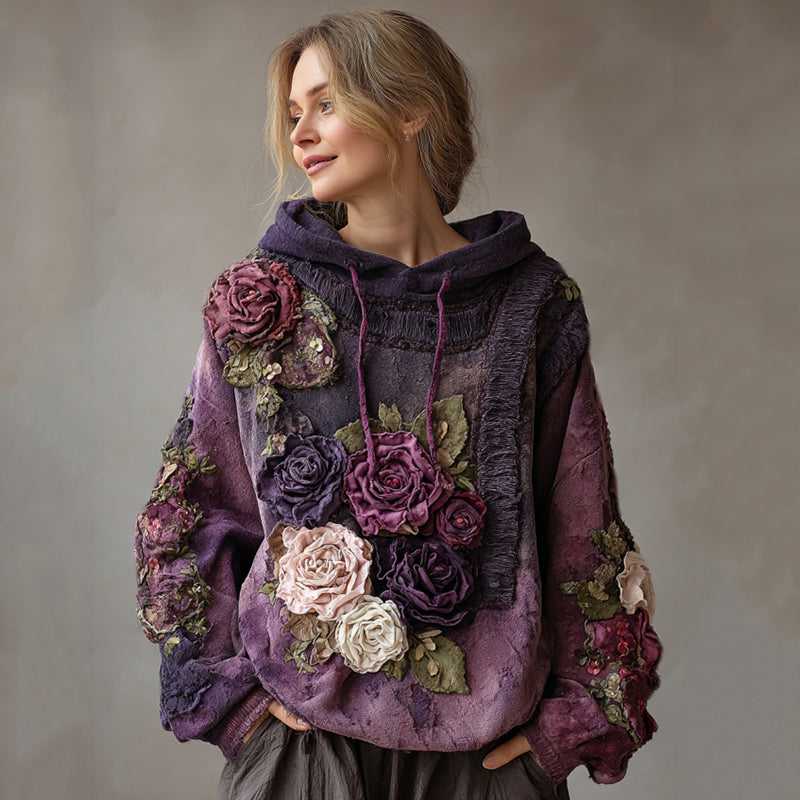 Women's Purplu Rose Embroidery Art Cozy Hooded Sweatshirt elevenforest