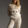Cute Fuzzy Cat Face Embroidered Cozy Knit Sweater