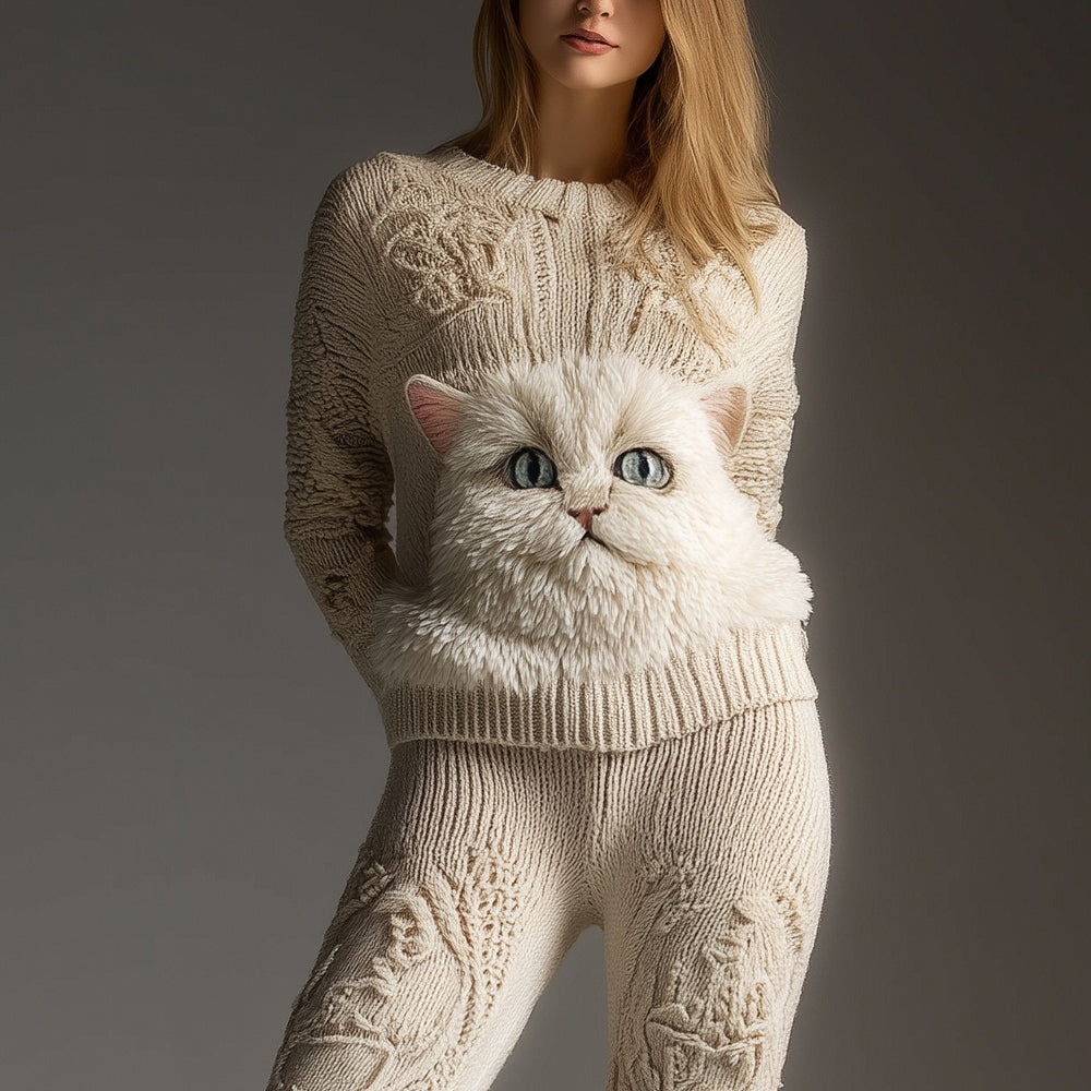 Cute Fuzzy Cat Face Embroidered Cozy Knit Sweater