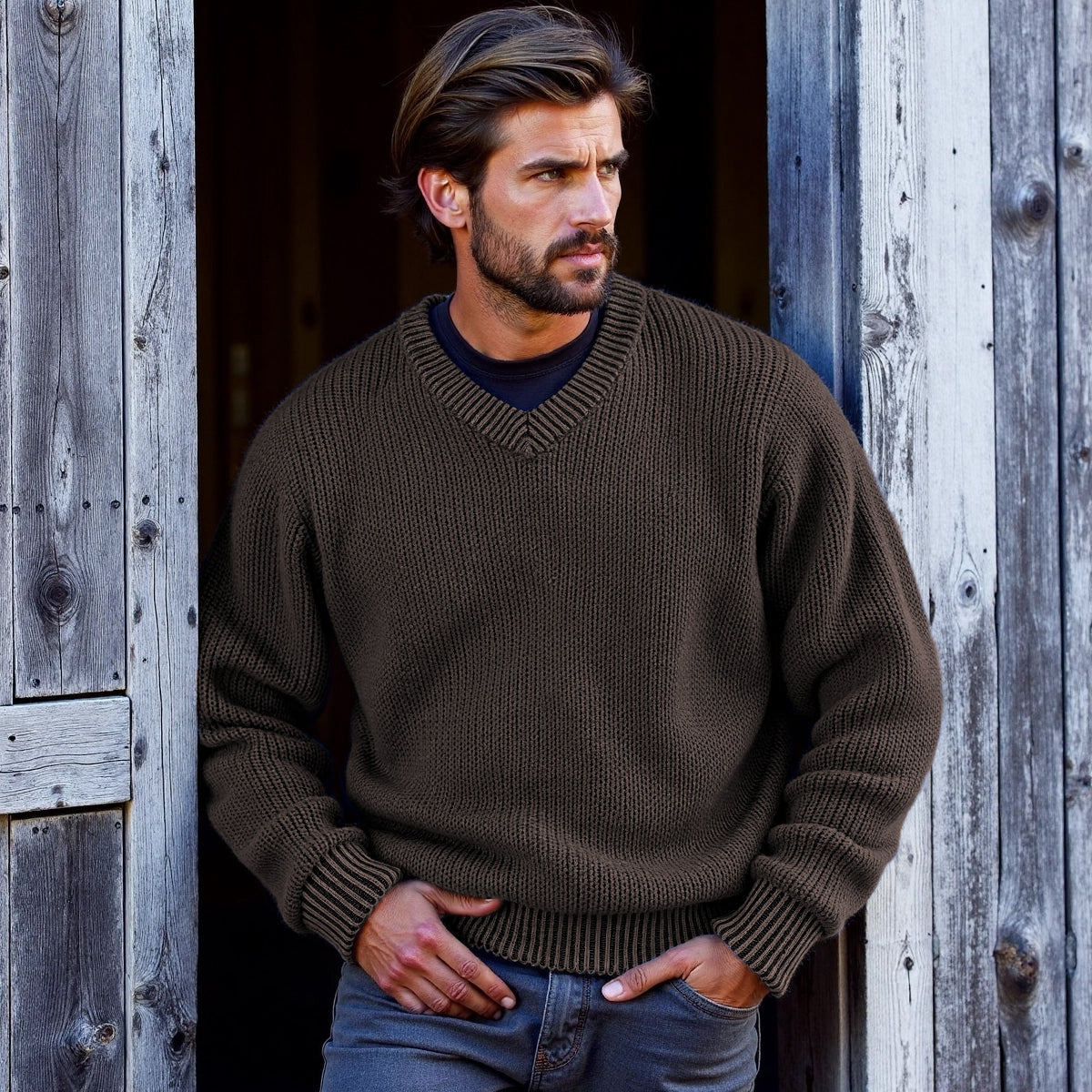 Men's Retro Solid Color V-Neck Sweater elevenforest