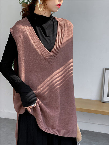 Sleeveless Split-side Color V-neck Knitted Vest