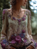 Bohemian Style Round Neck Long Sleeve 3d Purple Flower Design Women's Sweater elevenforest