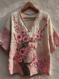Vintage Japanese Cherry Blossom Embroidered Boho Linen Tunic elevenforest