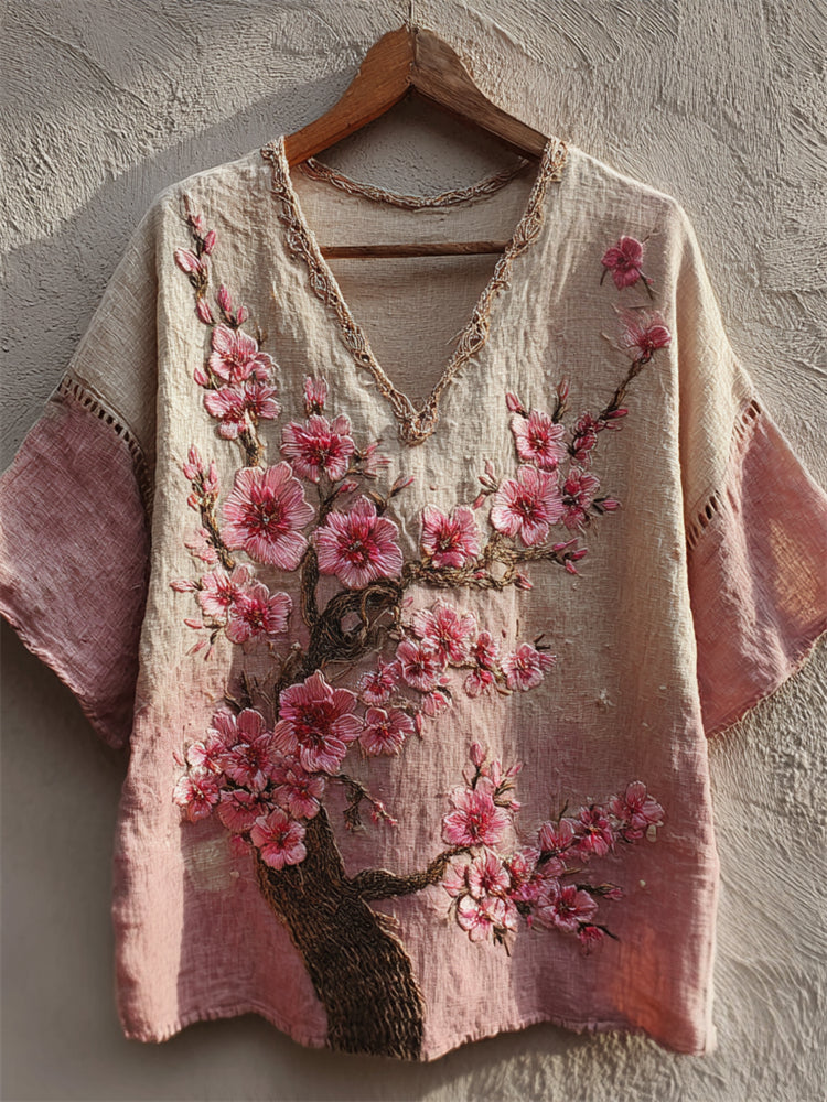 Vintage Japanese Cherry Blossom Embroidered Boho Linen Tunic elevenforest