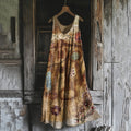 Women's Vintage Rust Dyed Embroidered Art Linen Blend Tank Dress elevenforest