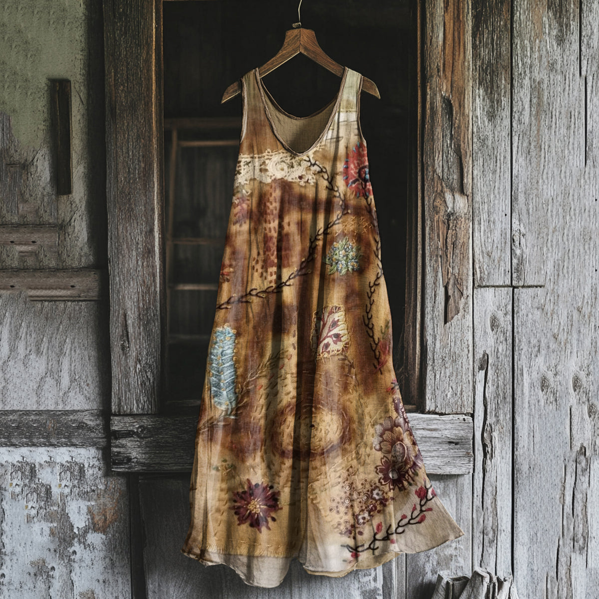 Women's Vintage Rust Dyed Embroidered Art Linen Blend Tank Dress elevenforest