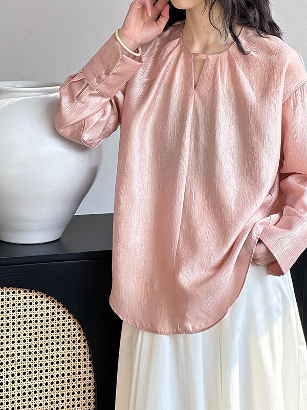 Long Sleeves Loose Hollow Shiny Color Round-neck Blouses&shirts Tops