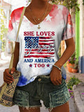 Comstylish Women's Flag Independence Day She Loves God And America Printed Casual T-shirt