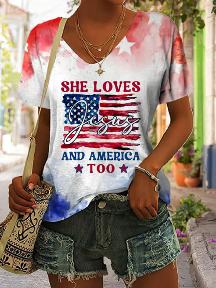 Comstylish Women's Flag Independence Day She Loves God And America Printed Casual T-shirt