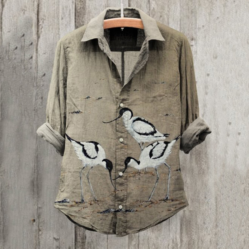 Women's Vintage Bird Art Print Long Sleeve Cotton And Linen Shirt elevenforest