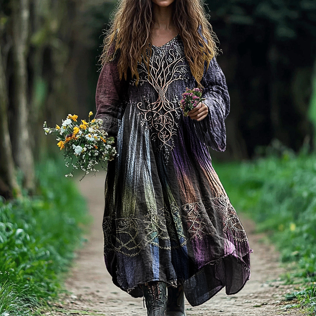 Women's Vintage Tree Of Life Gradient Art Linen Dress elevenforest