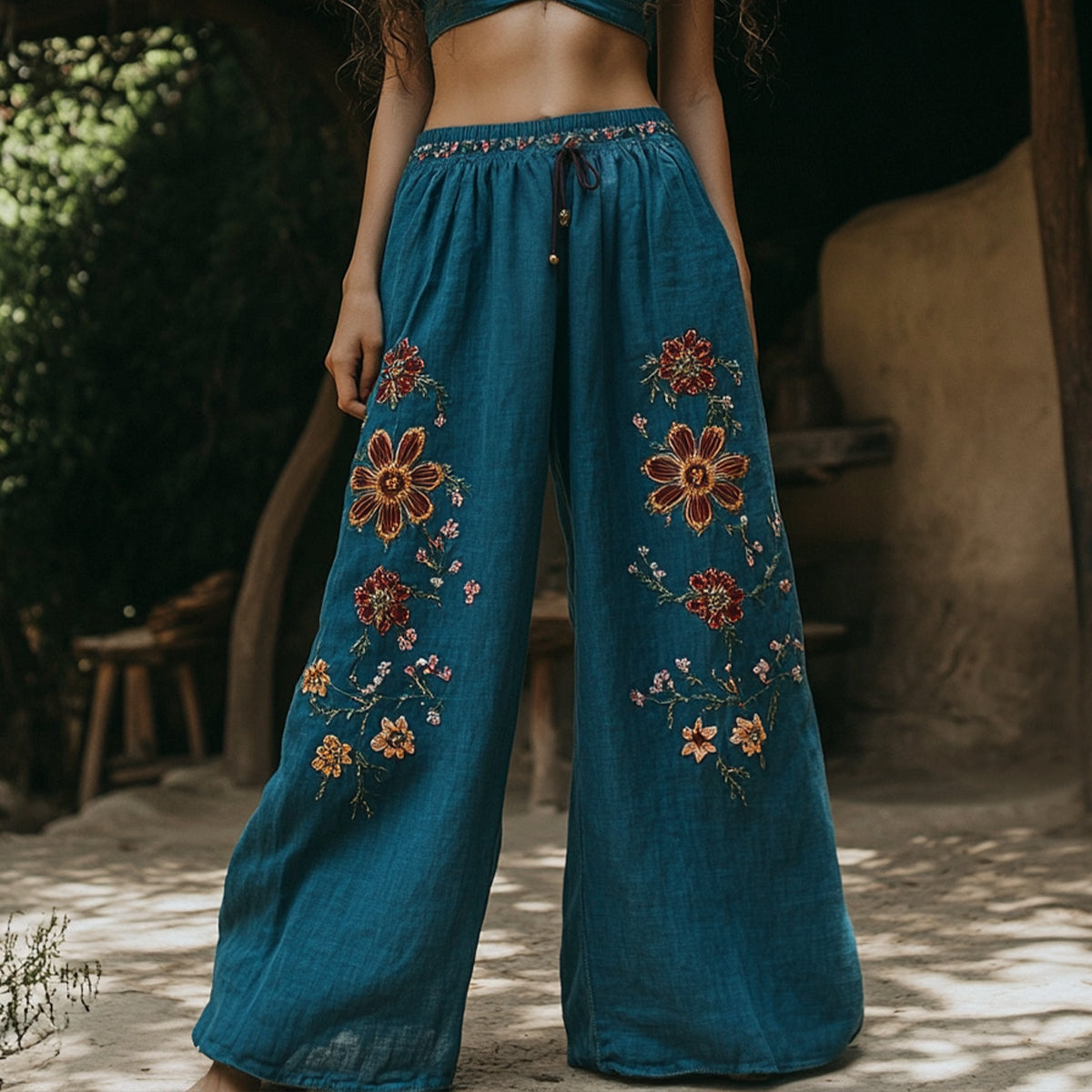 Women's Retro Linen Bohemian Ethnic Flowers Art Long Loose Wide-leg Trouser Pants elevenforest