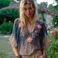 Boho Floral Sequin Embroidered Women's Flowing Short Sleeve Shirt elevenforest