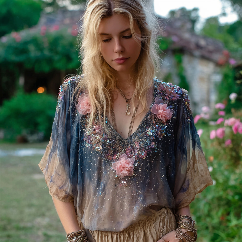 Boho Floral Sequin Embroidered Women's Flowing Short Sleeve Shirt elevenforest