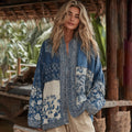 Retro Bohemian Floral With  Japanese Traditional Sashiko Art Embroidery Print Cotton And Linen Blend Kimono Cardigan elevenforest
