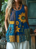 Ethnic Sunflowers Embroidered Patchwork Linen Tank Top elevenforest