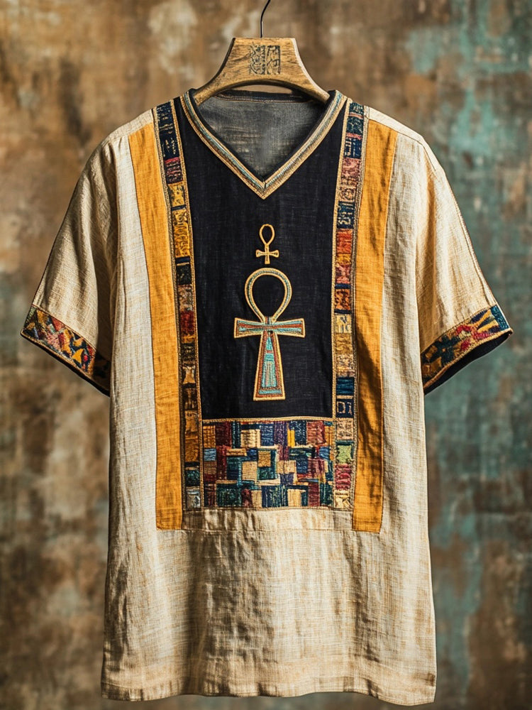 Ancient Egyptian Ankh Cross Embroidered Linen T Shirt elevenforest