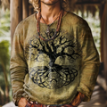 Men's Tree Of Life Gradient Art Painting Round Neck Long Sleeve Linen T-shirt elevenforest
