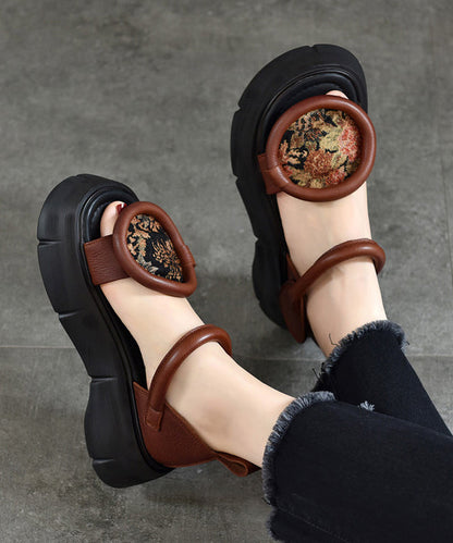Retro Chocolate Platform Cowhide Leather Fitted Splicing Sandals Oi018