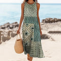 Women's Geometric Color Block Round Neck Linen Blend Tank Midi Dress elevenforest