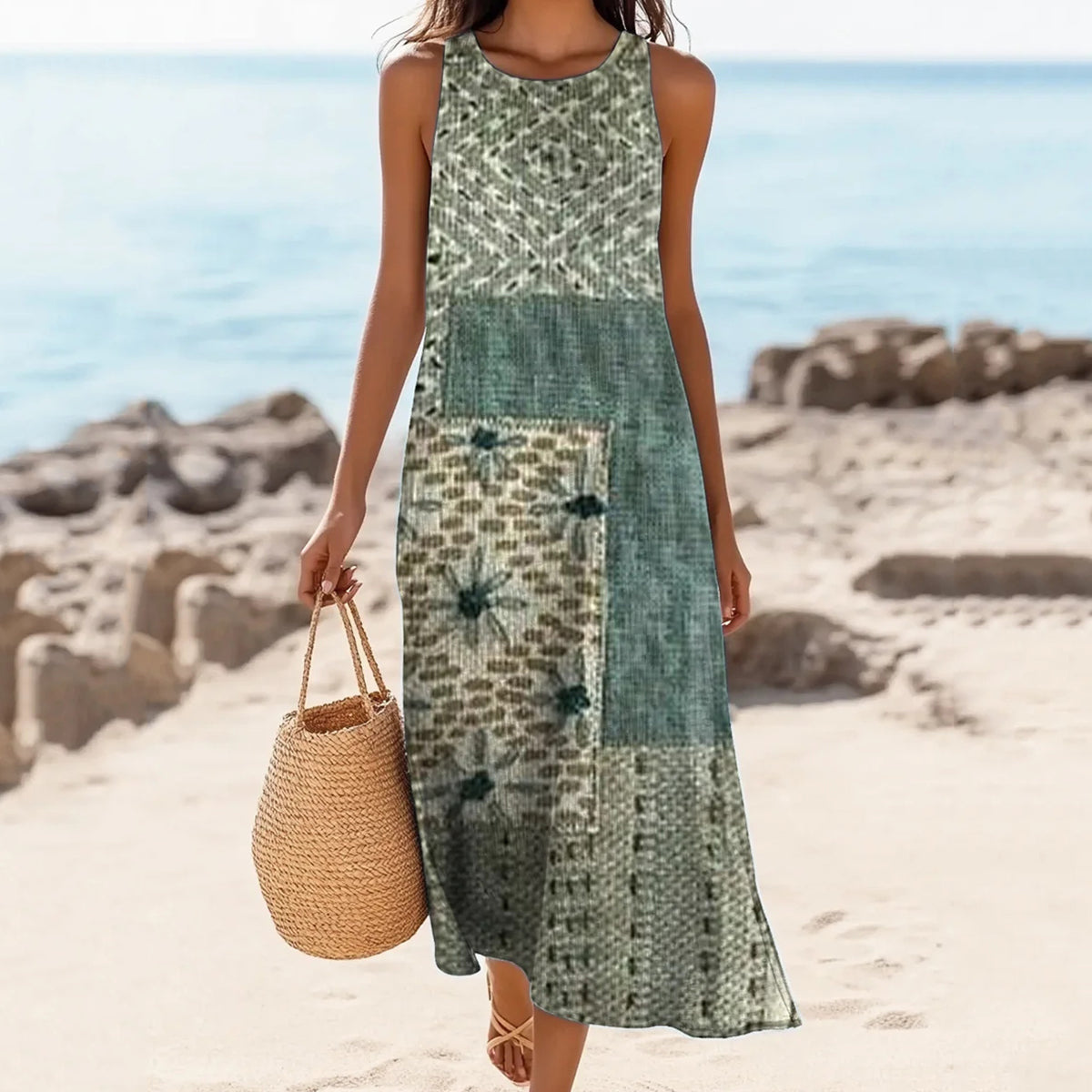 Women's Geometric Color Block Round Neck Linen Blend Tank Midi Dress elevenforest