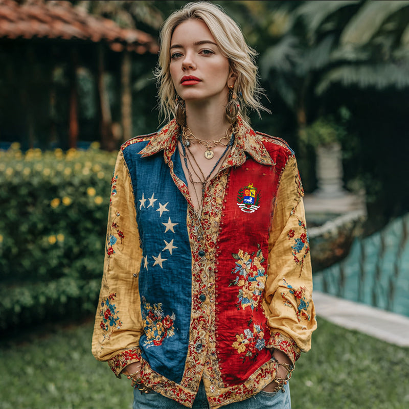 Women's Stand With Venezuela Inspired Venezuela Flag With Floral Art Long Sleeve Shirts elevenforest