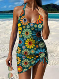 Retro Skull Floral Art Print Pleated Drawstring V-neck Tankini Pantskirt Set Swimsuit