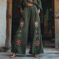 Women's Retro Linen Boho Floral Art Long Loose Wide-leg Trouser Pants elevenforest