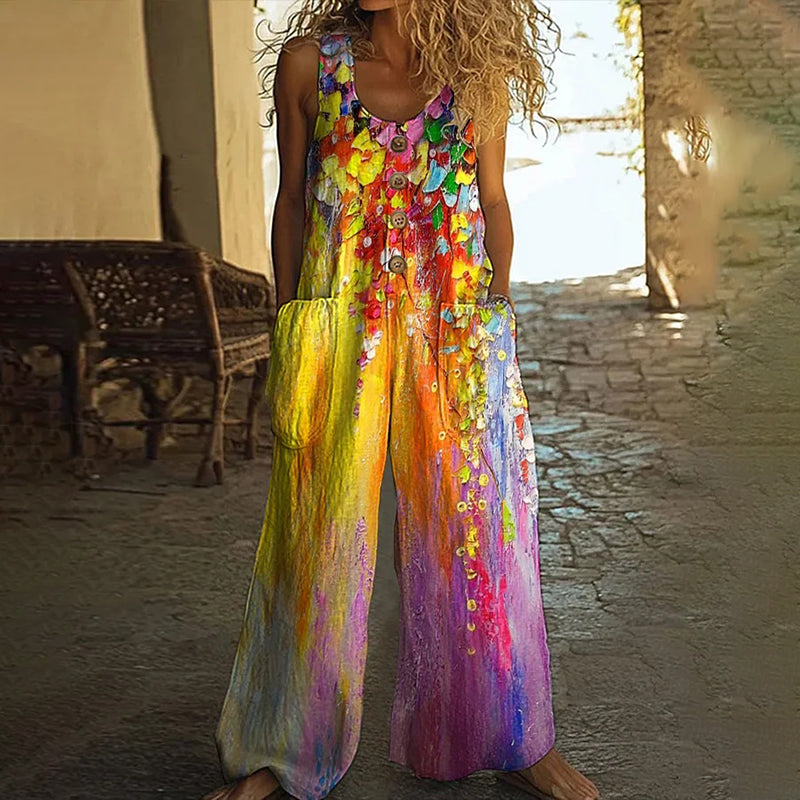 Women's Oil Painting Floral Print Wide Leg Jumpsuit elevenforest