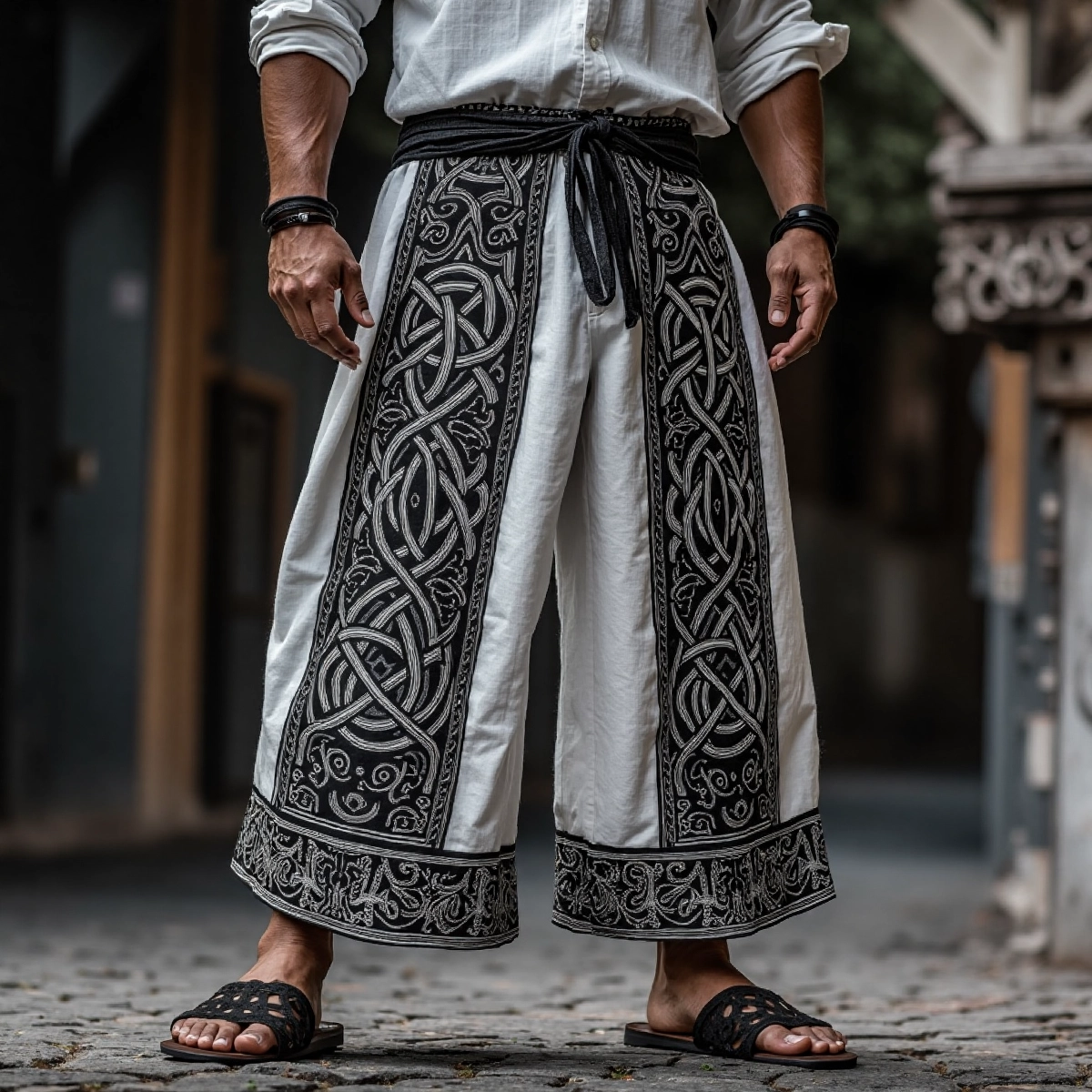 Tribal Viking Celtic Embroidery Art Linen Long Loose Wide-leg Pants elevenforest