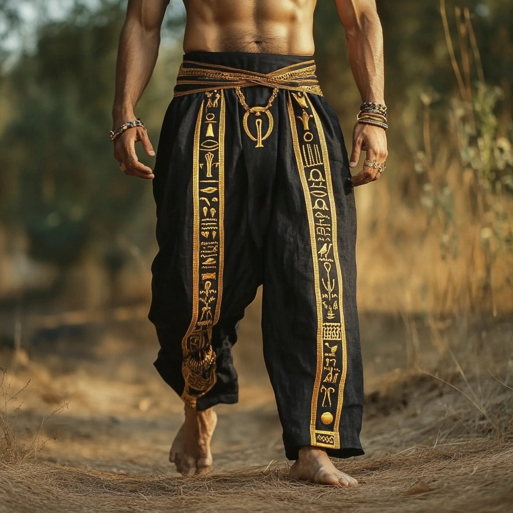 Egyptian Gold Totem Embroidered Men's Linen Trousers elevenforest