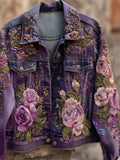 Elegant Purple Roses Glitter Embroidered Dyed Denim Jacket elevenforest