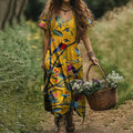 Comstylish Women's Vintage Floral Bird Print V-neck Loose Midi Dress