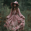 Vintage Pink Witch Roses Fiber Art Flowy Linen Dress elevenforest