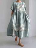 Magnolia Flower Japanese Linen Blend Maxi Dress