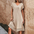 Women's Retro Solid Color Lace Stitching Cotton And Linen Dress elevenforest