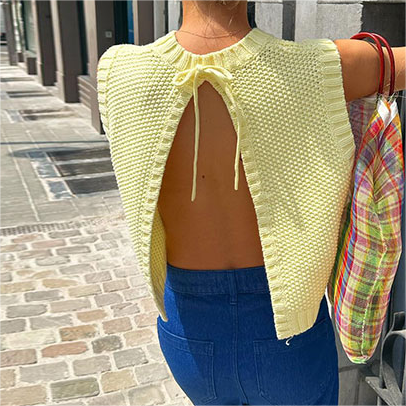 Autumn Small Vest Outer Wear Short Sleeveless Round Neck Lace Up Backless Design Knitted Top